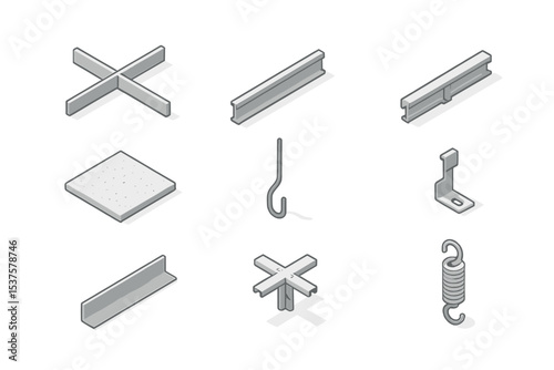 Ceiling Installation Icons. Isometric Flat icon set of drop ceiling installation: ceiling grid, main tee, cross tee, ceiling tile,