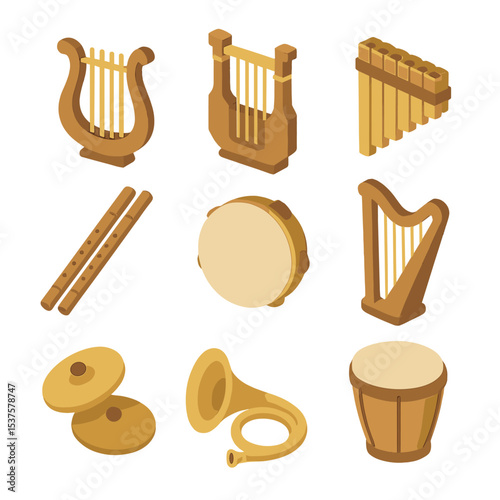 Celestial Instruments Grid. Isometric Flat icon set of Celestial music instruments: lyre, kithara, pan flute, double pipe,