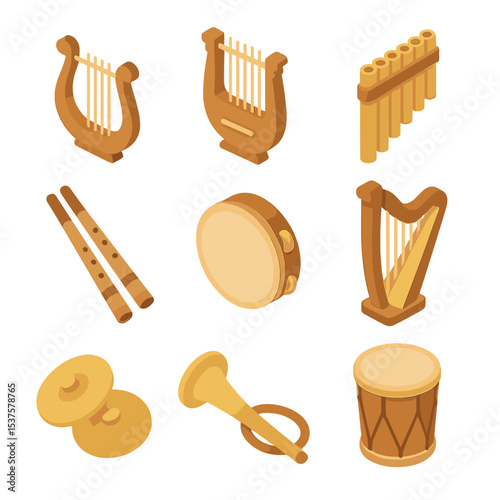 Celestial Instruments Grid. Isometric Flat icon set of Celestial music instruments: lyre, kithara, pan flute, double pipe,