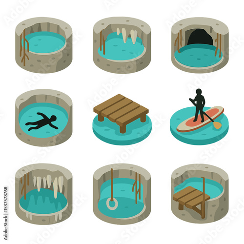 Cenote Pool Icons. Isometric Flat icon set of cenote sinkhole pools: turquoise water, limestone wall, hanging roots, stalactite