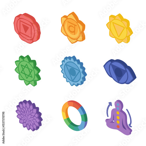 Chakra Icon Grid. Isometric Flat icon set of chakra energy system: root chakra, sacral chakra, solar plexus chakra, heart chakra,