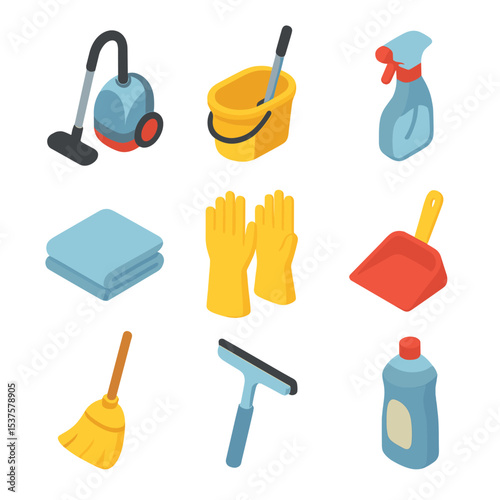 Cleaning Tool Icons. Isometric Flat icon set of cleaning service home visit: vacuum cleaner, mop bucket, spray bottle, microfiber