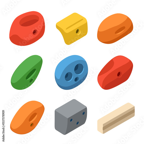 Climbing Grip Icons. Isometric Flat icon set of climbing grip types: jugs, crimps, slopers, pinches, pockets, underclings,