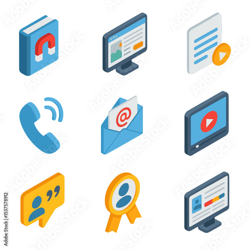 Client Acquisition Icons. Isometric Flat icon set of client acquisition tactics: lead magnet ebook, landing page, contact form,
