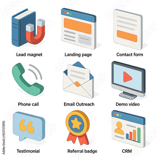 Client Acquisition Icons. Isometric Flat icon set of client acquisition tactics: lead magnet ebook, landing page, contact form,