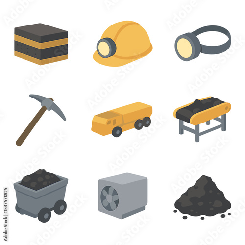 Coal Mining Icons. Isometric Flat icon set of Coal mining operations: coal seam, miner helmet, headlamp, pickaxe, shuttle car,