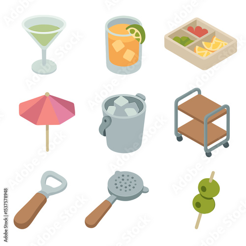 Cocktail Party Icons. Isometric Flat icon set of Cocktail party at home: martini glass, highball glass, garnish tray, cocktail