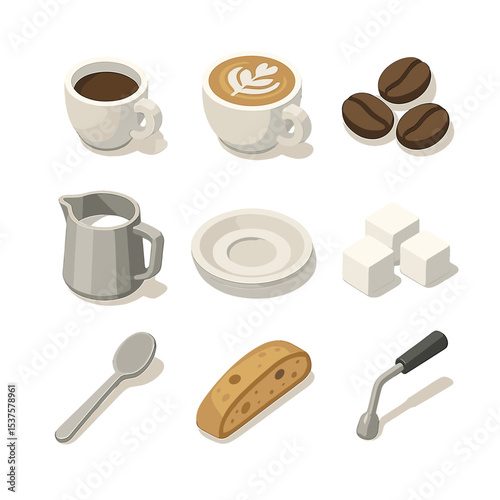 Coffee Ritual Icon Set. Isometric Flat icon set of Coffee toast rituals: espresso cup, latte art, coffee beans, milk jug, saucer,