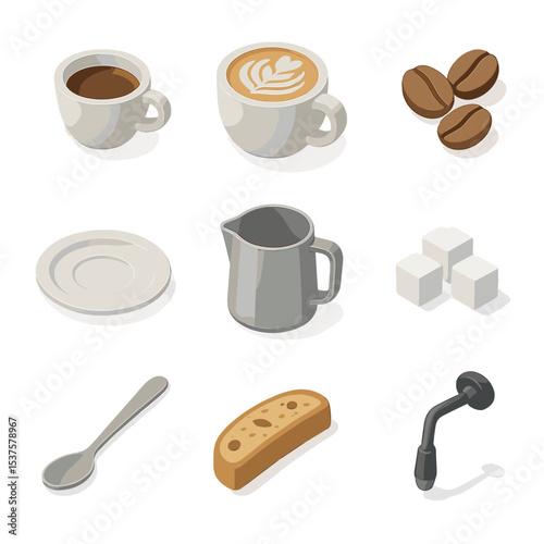 Coffee Ritual Icon Set. Isometric Flat icon set of Coffee toast rituals: espresso cup, latte art, coffee beans, milk jug, saucer,