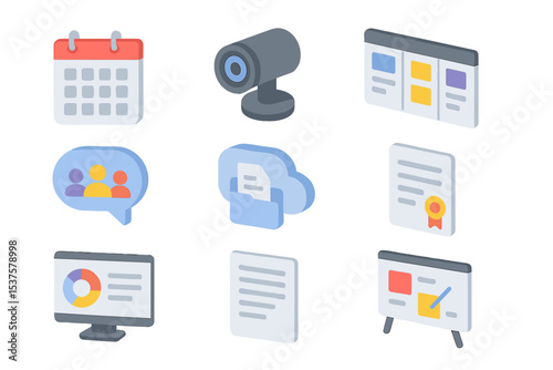 Collaboration Tools Icons. Isometric Flat icon set of collaboration tools: shared calendar, video conference camera, team chat