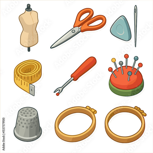 Couture Atelier Tools. Isometric Flat icon set of couture atelier tools: dress form mannequin, pattern shears, fine needle, tailor