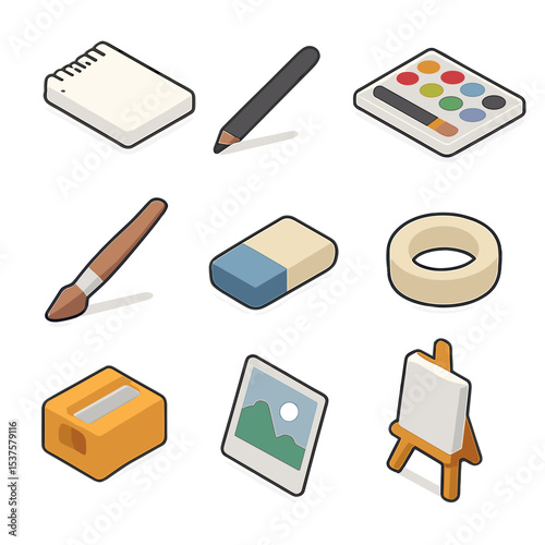 Creative Sketchbook Icon Set. Isometric Flat icon set of Creative sketchbook kickoff: spiral sketchbook, charcoal pencil,