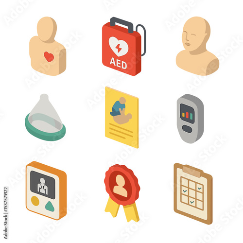 CPR Training Icon Set. Isometric Flat icon set of community CPR training: manikin torso, AED trainer, training dummy head, CPR