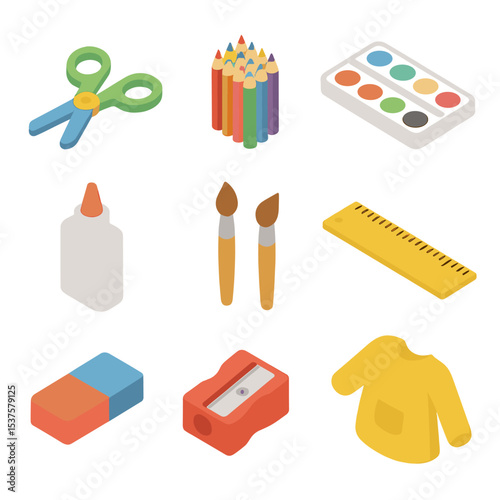 Craft Tool Icons. Isometric Flat icon set of Craft Tool Essentials: child-safe scissors, colored pencils, watercolor set, glue