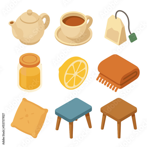 Cozy Tea Time Icons. Isometric Flat icon set of Cozy tea time ritual: teapot, teacup, saucer, tea bag, honey jar, lemon slice,