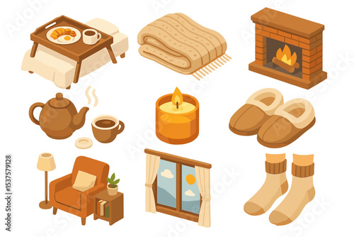 Cozy Home Icons. Isometric Flat icon set of intimate home moments: breakfast in bed, cozy blanket, fireplace, tea set, scented