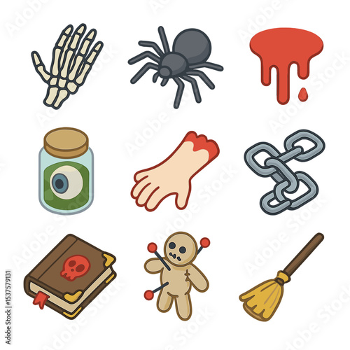 Creepy Props Icon Set. Isometric Flat icon set of creepy props: skeleton hand, crawling spider, dripping blood, eyeball jar,