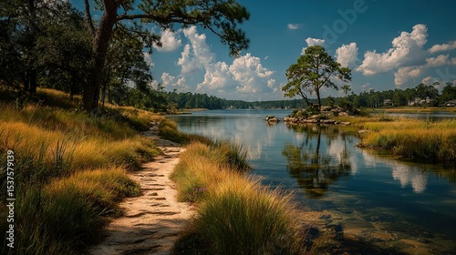   A path surrounds a water body with green grass on one side and a forest on another