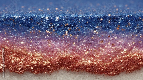   A detailed image of blue, pink, and gold glitter on a white background against a blue sky