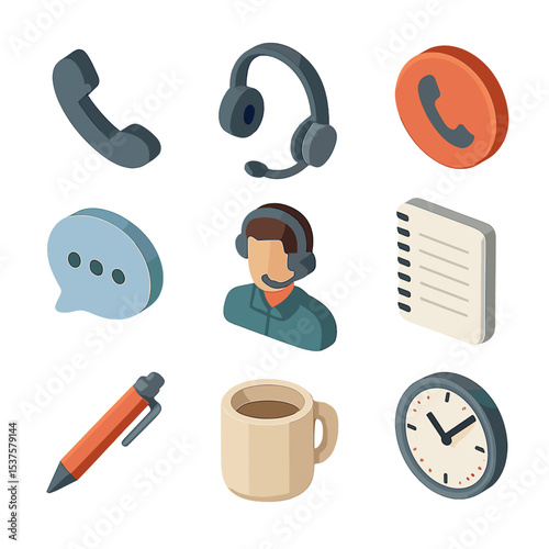 Crisis Hotline Icons. Isometric Flat icon set of Crisis Hotline Support: telephone handset, headset, call button, chat bubble,