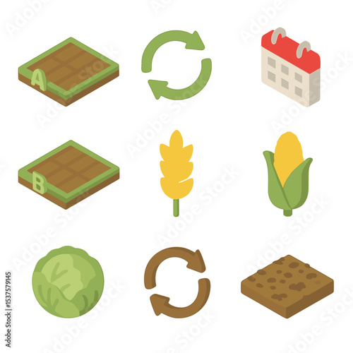 Crop Rotation Icons. Isometric Flat icon set of crop rotation cycle: field plot A, field plot B, rotating arrows, calendar, wheat