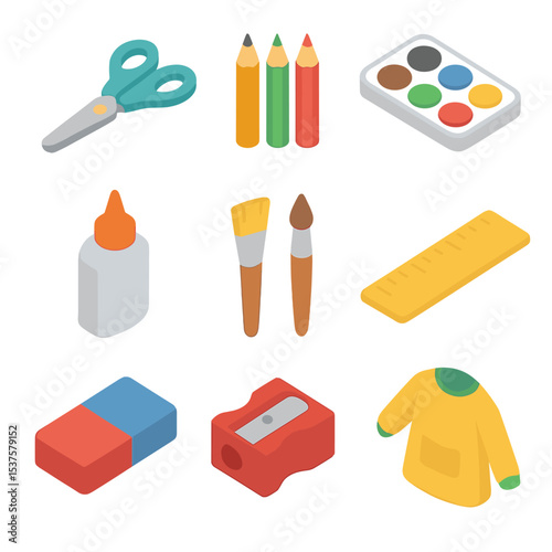 Craft Tool Icons. Isometric Flat icon set of Craft Tool Essentials: child-safe scissors, colored pencils, watercolor set, glue