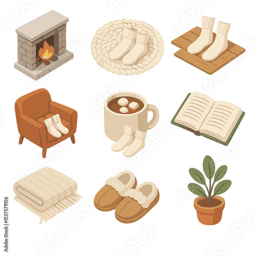 Cozy Home Icons. Isometric Flat icon set of cozy home sock moments: fireplace hearth, wool rug, wooden floor, comfy chair, hot