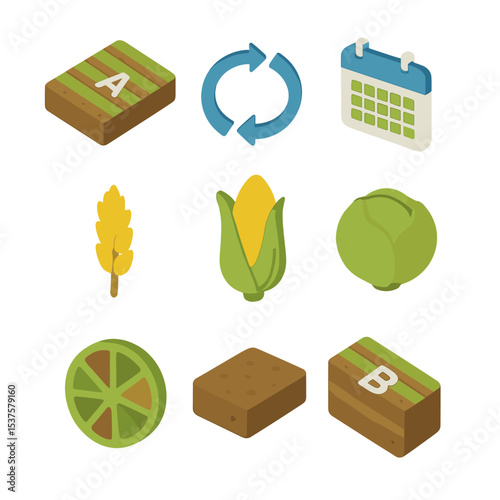 Crop Rotation Icons. Isometric Flat icon set of crop rotation cycle: field plot A, field plot B, rotating arrows, calendar, wheat