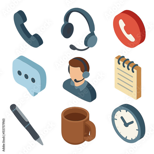 Crisis Hotline Icons. Isometric Flat icon set of Crisis Hotline Support: telephone handset, headset, call button, chat bubble,
