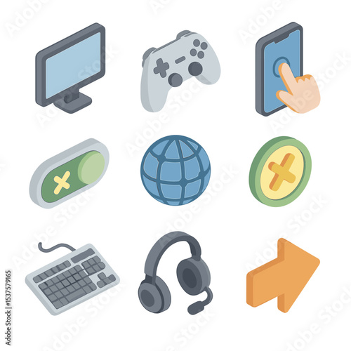 Cross-Platform Icons Grid. Isometric Flat icon set of cross-platform play features: PC monitor, console controller, mobile