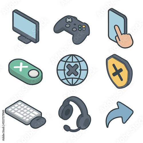 Cross-Platform Icons Grid. Isometric Flat icon set of cross-platform play features: PC monitor, console controller, mobile