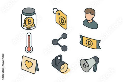 Crypto Crowdfunding Icons. Isometric Flat icon set of Crypto crowdfunding platforms: funding jar with crypto logo, pledge level