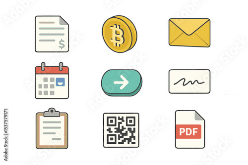 Crypto Invoice Icon Set. Isometric Flat icon set of Crypto invoicing solutions: invoice document, crypto coin symbol, email