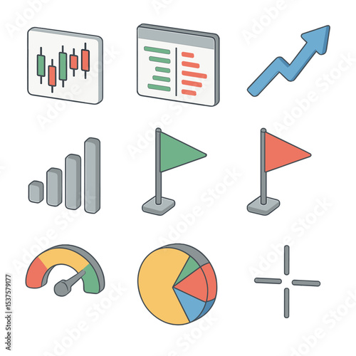 Crypto Trading Icon Set. Isometric Flat icon set of Crypto trading analytics: candlestick chart, order book window, trendline
