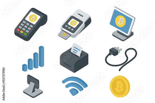 Crypto POS Icon Set. Isometric Flat icon set of Crypto point-of-sale devices: POS terminal, card reader, touchscreen display,