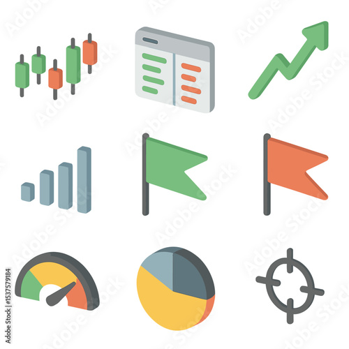 Crypto Trading Icon Set. Isometric Flat icon set of Crypto trading analytics: candlestick chart, order book window, trendline