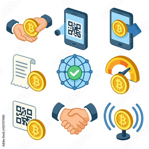 Crypto Transactions Icon Set. Isometric Flat icon set of Peer-to-peer crypto transactions: hand-to-hand coin transfer, QR code