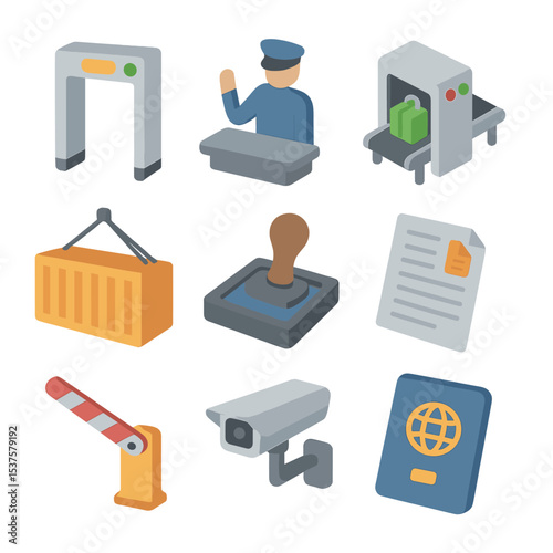 Customs Icon Set. Isometric Flat icon set of Customs and Border Clearance: customs gate, inspection officer, x-ray scanner, cargo