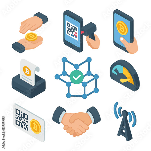 Crypto Transactions Icon Set. Isometric Flat icon set of Peer-to-peer crypto transactions: hand-to-hand coin transfer, QR code