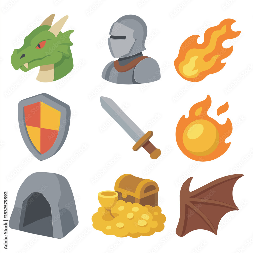 Fototapeta premium Dragon Duel Icons. Isometric Flat icon set of Dragon duel encounter: dragon head, knight in armor, flaming breath, shield, sword,