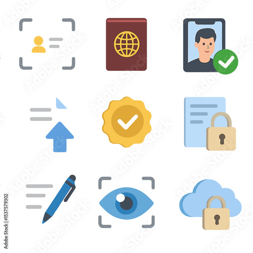 Digital Identity Icon Set. Isometric Flat icon set of Digital identity and KYC: ID card scan, passport icon, selfie with checkmark