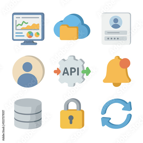 Digital License Icons. Isometric Flat icon set of Digital License Management Platforms: dashboard screen, cloud storage, user
