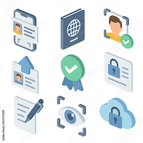 Digital Identity Icon Set. Isometric Flat icon set of Digital identity and KYC: ID card scan, passport icon, selfie with checkmark