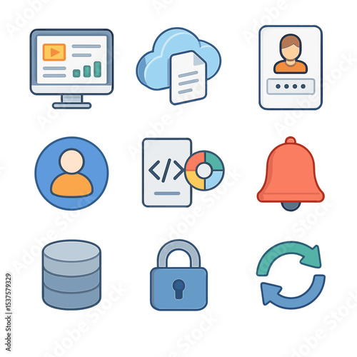 Digital License Icons. Isometric Flat icon set of Digital License Management Platforms: dashboard screen, cloud storage, user