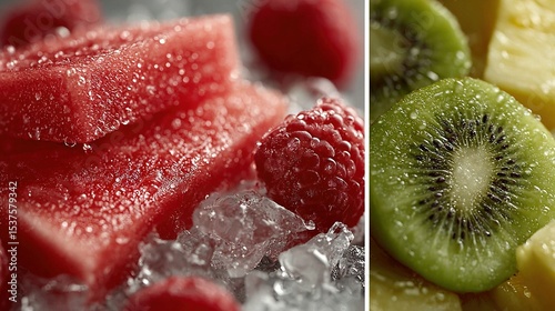   Watermelon, kiwi, and raspberry slices in an ice bowl