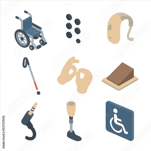 Disability Inclusion Icons. Isometric Flat icon set of Disability inclusion tools: wheelchair icon, braille dots, hearing aid,