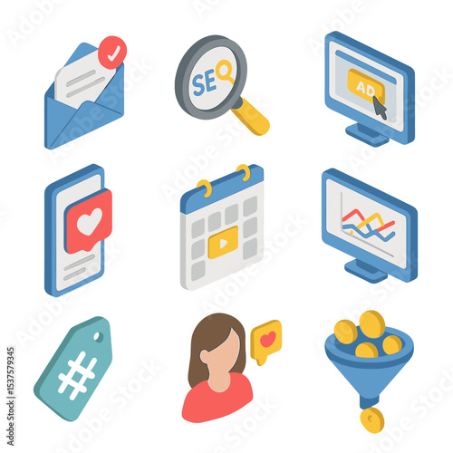 Digital Marketing Icons. Isometric Flat icon set of digital marketing strategies: email campaign, SEO magnifier, PPC ad, social