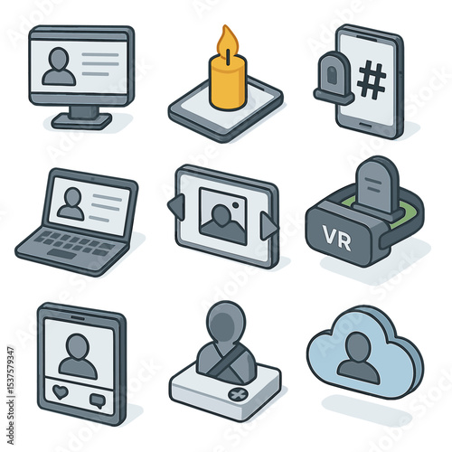 Digital Memorial Icons. Isometric Flat icon set of digital memorials: online obituary page, virtual candle, memorial hashtag,