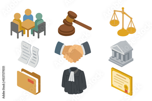 Dispute Resolution Icons. Isometric Flat icon set of Dispute Resolution Mechanisms: mediation table, arbitration gavel, legal
