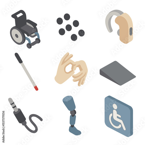 Disability Inclusion Icons. Isometric Flat icon set of Disability inclusion tools: wheelchair icon, braille dots, hearing aid,